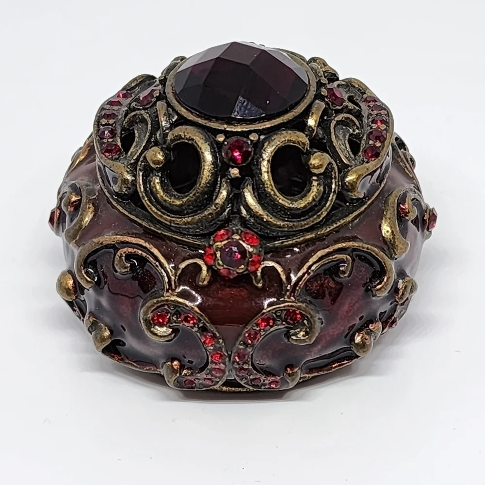 ENAMELED TRINKET BOX JULY BIRTHSTONE Red Faux Garnet Ruby Scroll Copper Toned